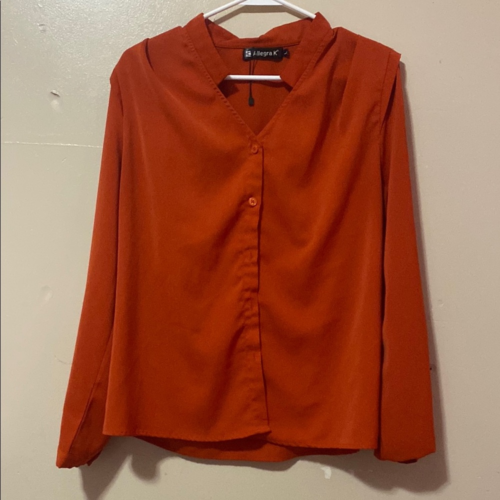 Allegra K Orange Long Sleeve Buttoned Blouse
